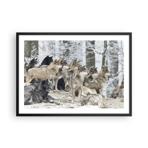 Poster in einem schwarzem Rahmen - Ein Wolfsrudel im Winterwald - 70x50cm - Familie und Freunde - Moderne Wanddekoration für Wohnzimmer und Schlafzimmer ARTTOR