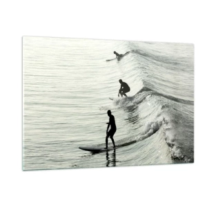 Glasbild - Bild auf glas - Drei Surfer reiten morgens auf den Wellen - 120x80cm - Gegen die Welle - Moderne Wanddekoration für Wohnzimmer und Schlafzimmer ARTTOR