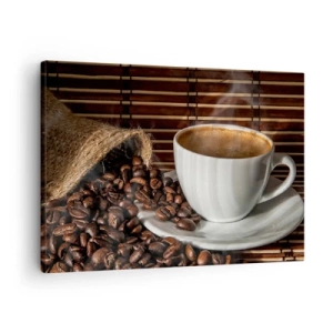 Bild auf Leinwand - Leinwandbild - Eine Tasse Kaffee mit Bohnen auf Bambus-Hintergrund - 70x50cm - Die Schwärze von Kohle, die Klarheit von Bernstein - Moderne Wanddekoration für Wohnzimmer und Schlafzimmer ARTTOR