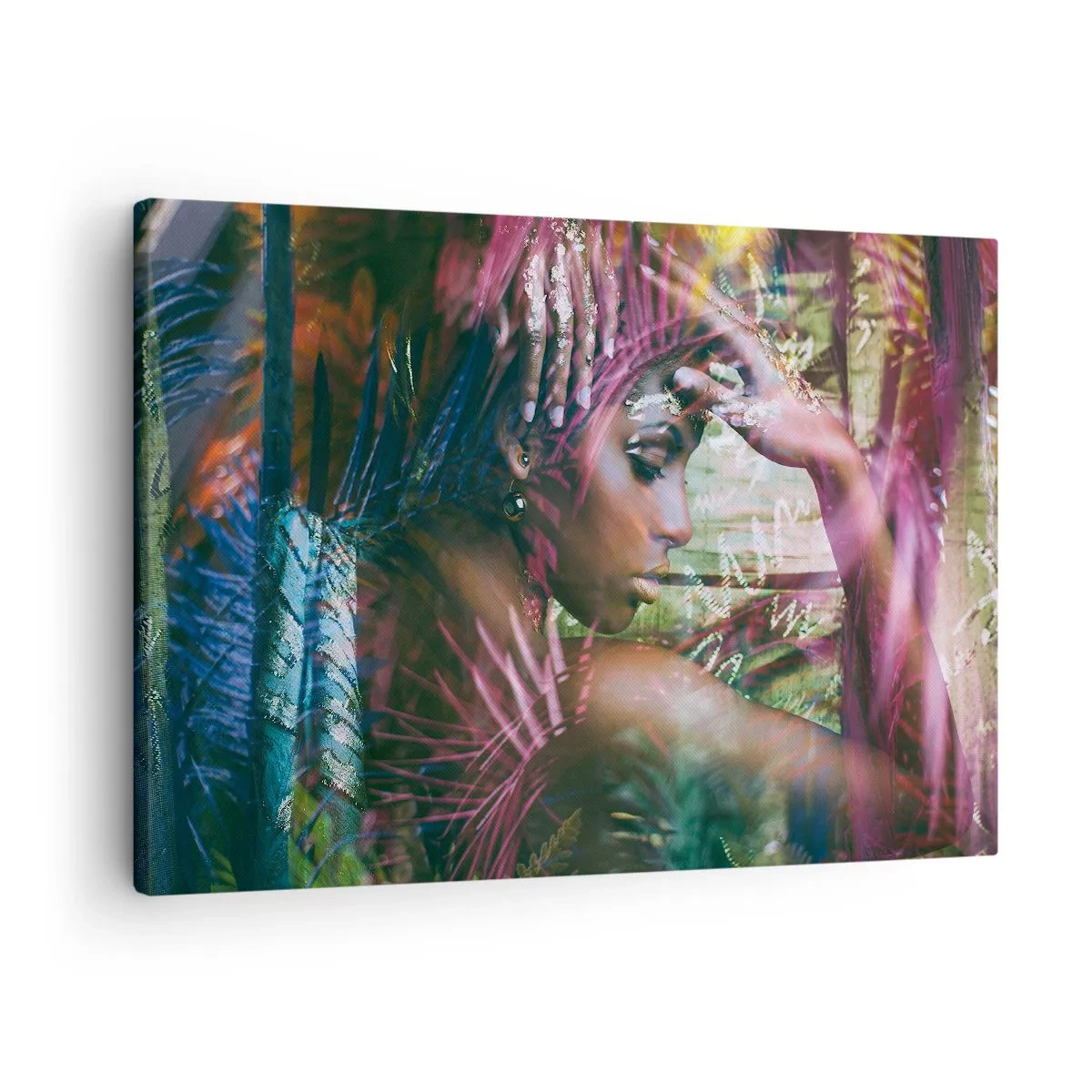 Bild auf Leinwand - Leinwandbild - Porträt einer Frau, umgeben von exotischer Vegetation - 70x50cm - Mutter Natur im Dschungel - Moderne Wanddekoration für Wohnzimmer und Schlafzimmer ARTTOR