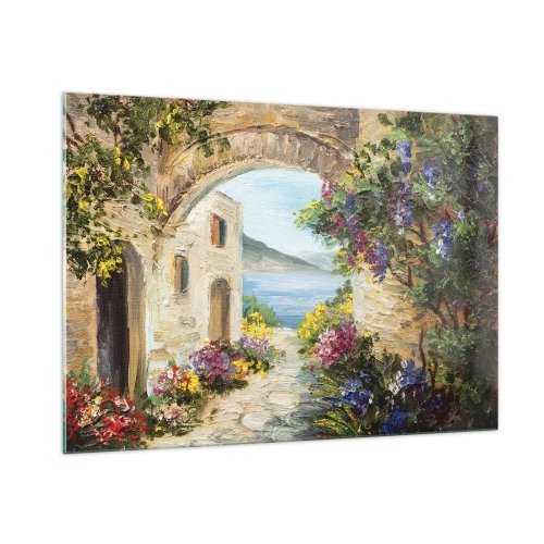 Glasbild - Bild auf glas - Eine malerische Straße mit Blick auf den See - 100x70cm - Charme einer Küstenprovinz - Moderne Wanddekoration für Wohnzimmer und Schlafzimmer ARTTOR
