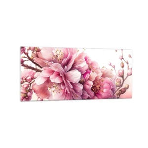 Glasbild - Bild auf glas - Zarte Kirschblüten in voller Blüte vor hellem Hintergrund - 120x50cm - Kirschblütenblüte - Moderne Wanddekoration für Wohnzimmer und Schlafzimmer ARTTOR