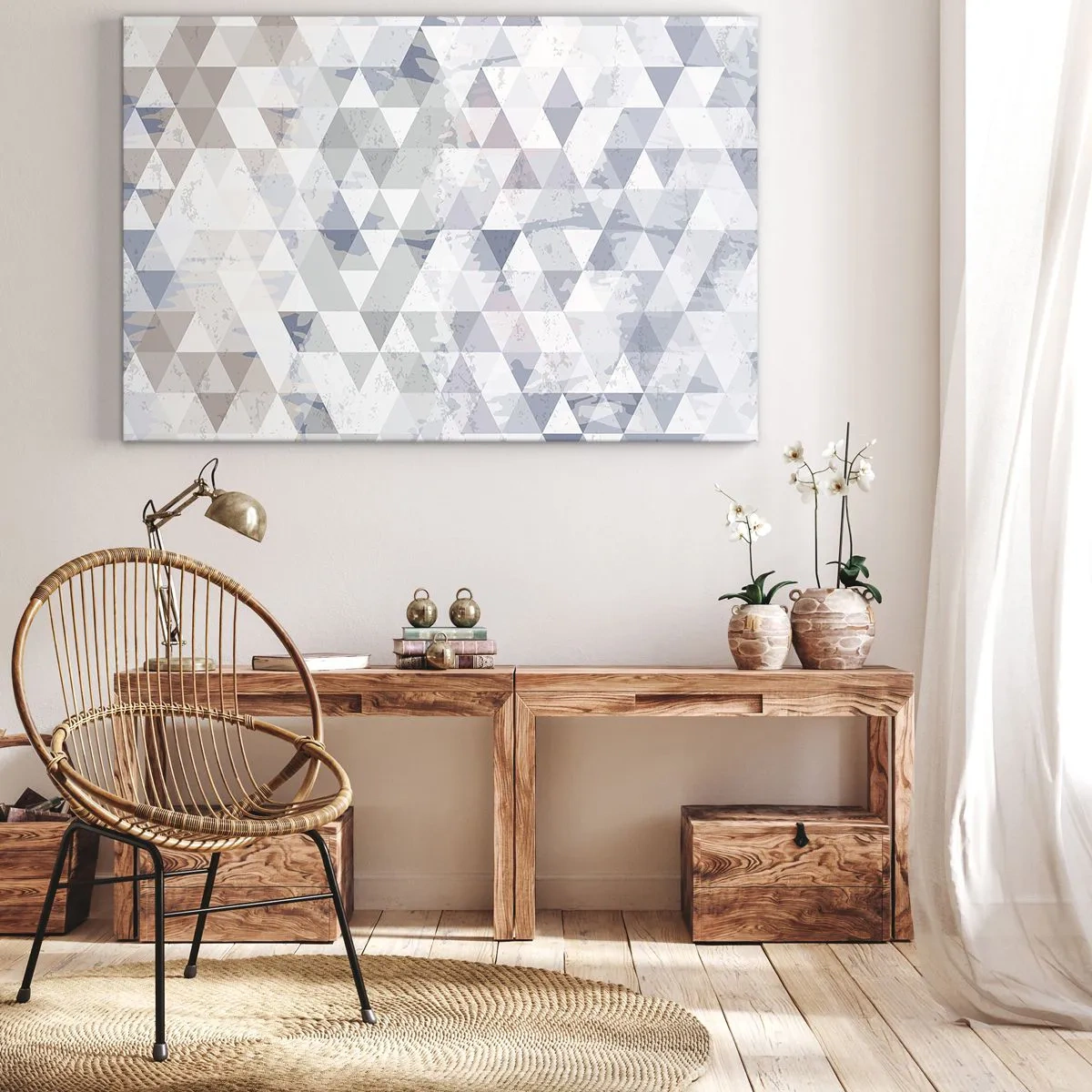 Bild auf Leinwand - Leinwandbild - Geometrisches Dreiecksmuster in Pastelltönen - 100x70cm - Im Rhythmus auf drei - Moderne Wanddekoration für Wohnzimmer und Schlafzimmer ARTTOR