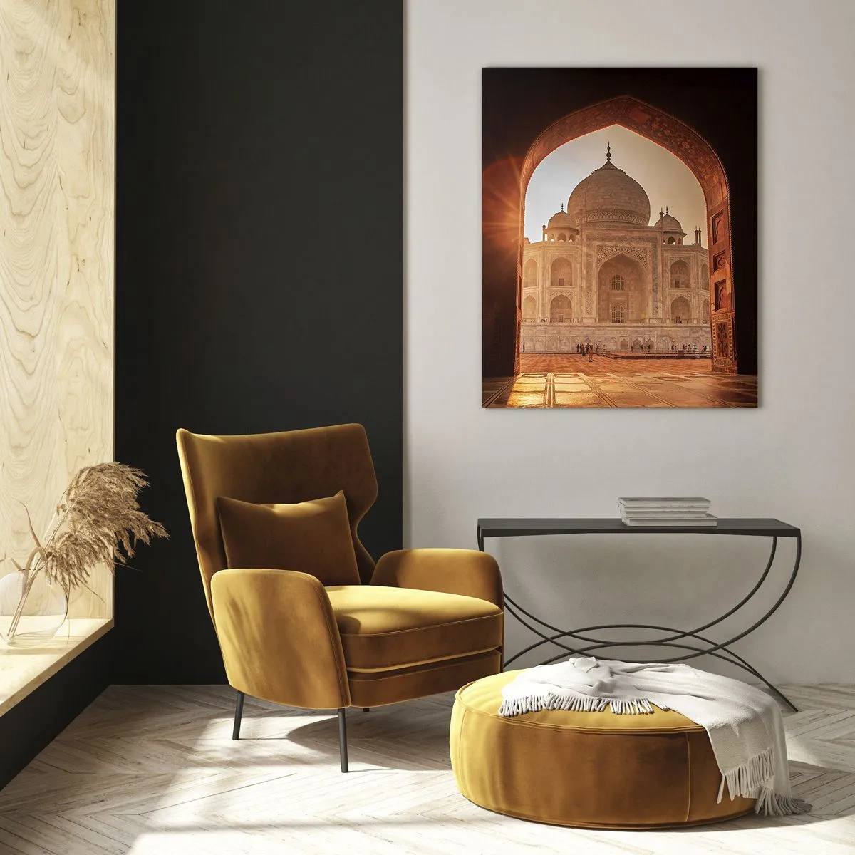 Glasbild - Bild auf glas - Taj Mahal im Sonnenlicht vom Torbogen aus gesehen - 80x120cm - Denkmal der überirdischen Liebe - Moderne Wanddekoration für Wohnzimmer und Schlafzimmer ARTTOR