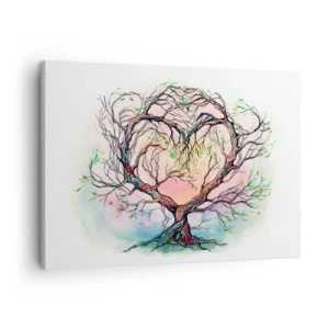 Bild auf Leinwand - Leinwandbild - Ein herzförmiger Baum vor einem Hintergrund aus zarten Pastellfarben - 70x50cm - Gemeinsam gegen die Stürme - Moderne Wanddekoration für Wohnzimmer und Schlafzimmer ARTTOR