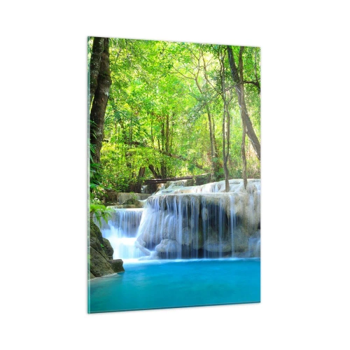 Glasbild - Bild auf glas - Ein Wasserfall, umgeben von grünen Bäumen und blauem Wasser - 50x70cm - In Türkis und Grün ertrinken - Moderne Wanddekoration für Wohnzimmer und Schlafzimmer ARTTOR