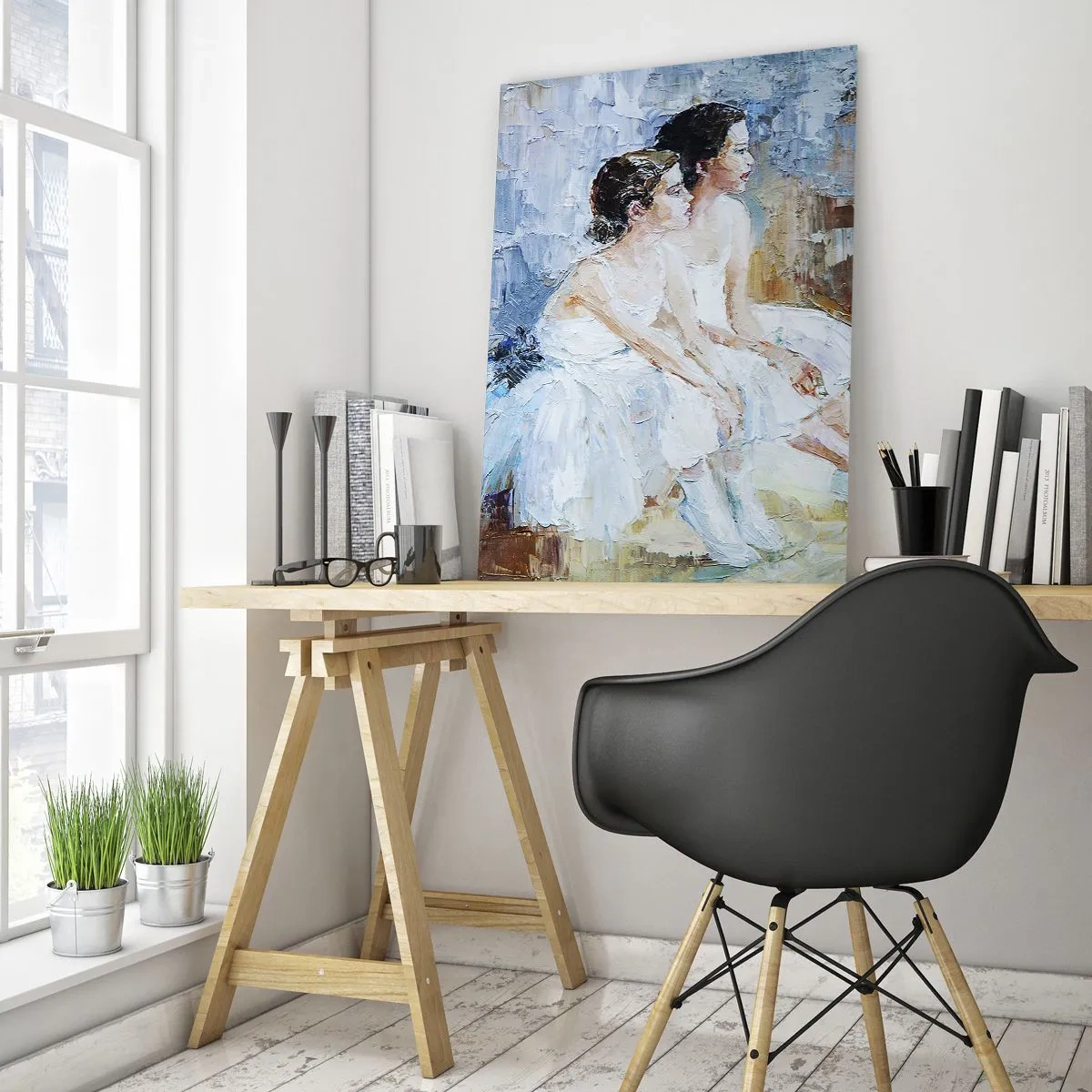 Glasbild - Bild auf glas - Zwei Ballerinas in weißen Kleidern vor impressionistischem Hintergrund - 50x70cm - Rest der jungen Schwäne - Moderne Wanddekoration für Wohnzimmer und Schlafzimmer ARTTOR
