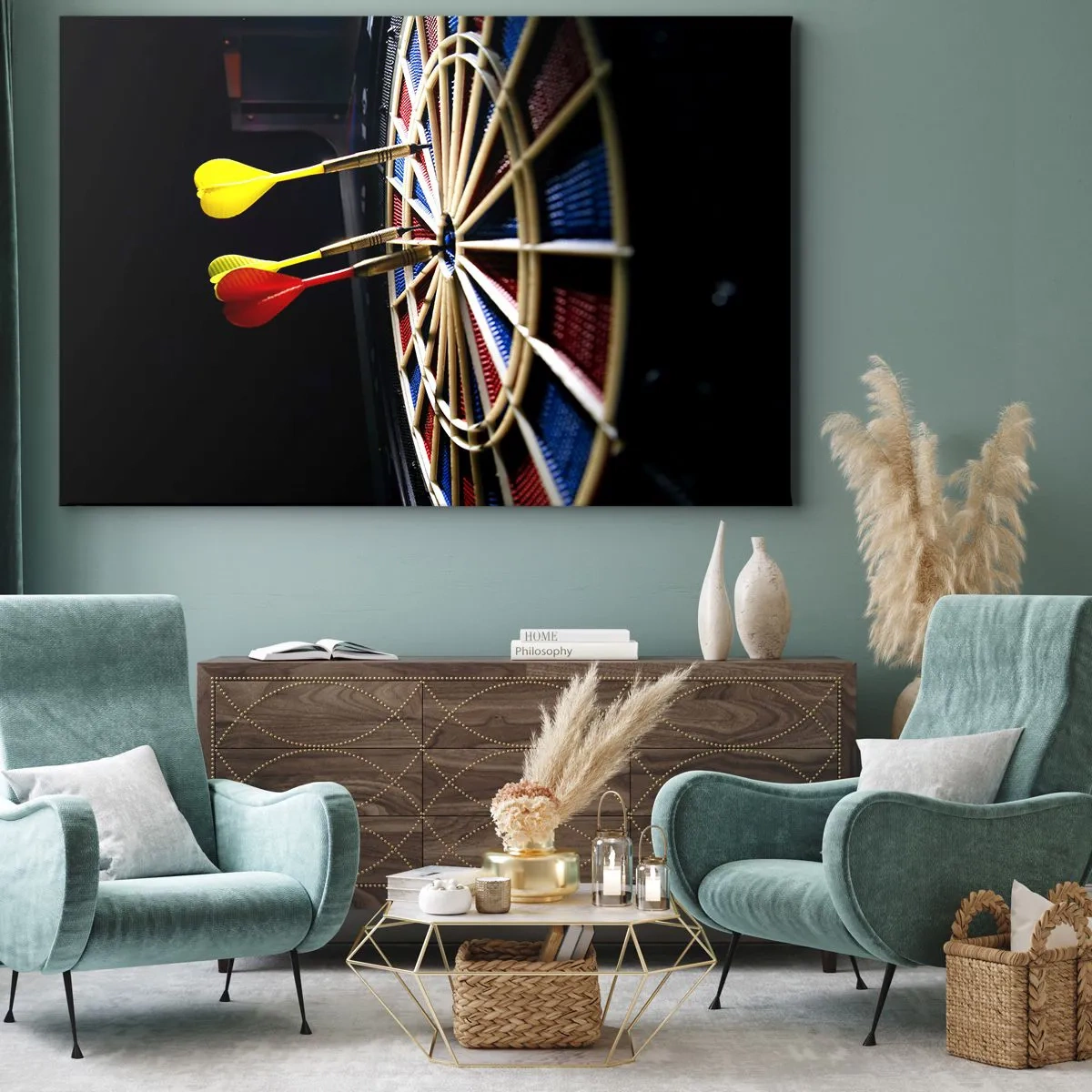 Bild auf Leinwand - Leinwandbild - Eine Dartscheibe mit getroffenen Darts auf schwarzem Hintergrund - 100x70cm - Auf den Punkt gebracht - Moderne Wanddekoration für Wohnzimmer und Schlafzimmer ARTTOR