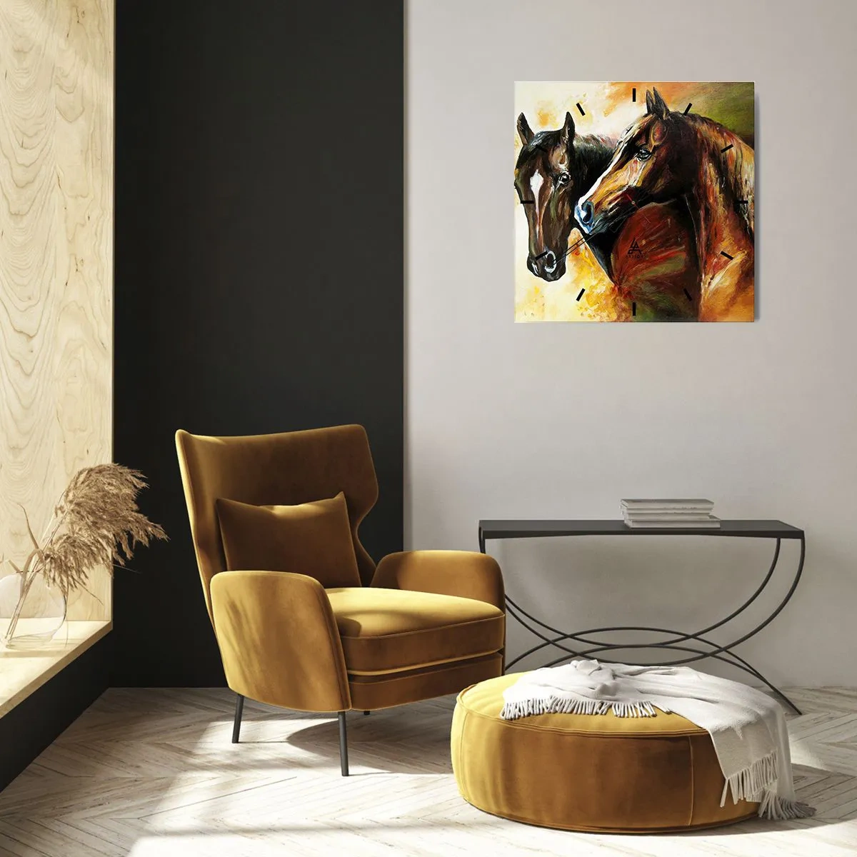 Wanduhr - Glasuhr - Ein Pferdepaar in einer malerischen Komposition - 30x30cm - Doppelt anmutig - Moderne Wanddekoration für Wohnzimmer und Schlafzimmer ARTTOR