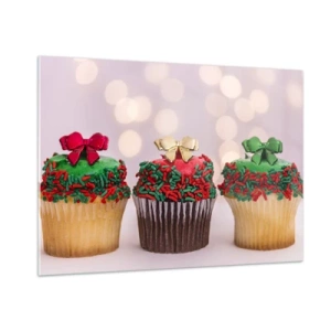 Glasbild - Bild auf glas - Weihnachts-Cupcakes mit Schleifendekoration - 100x70cm - Süßigkeiten bis zu der Schleife - Moderne Wanddekoration für Wohnzimmer und Schlafzimmer ARTTOR