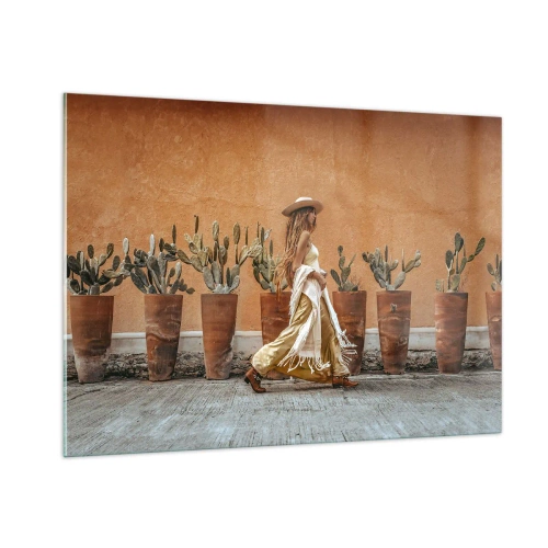 Glasbild - Bild auf glas - Eine Frau im Boho-Stil geht an Töpfen mit Kakteen vorbei. - 100x70cm - Hippie-Stil - Moderne Wanddekoration für Wohnzimmer und Schlafzimmer ARTTOR