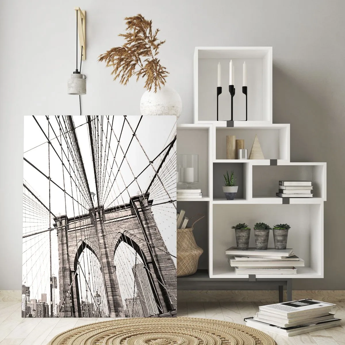 Glasbild - Bild auf glas - Eine Hängebrücke mit einem Stadtpanorama im Hintergrund in Sepia - 50x70cm - New Yorker Kathedrale - Moderne Wanddekoration für Wohnzimmer und Schlafzimmer ARTTOR
