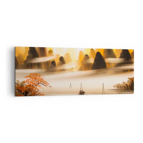Bild auf Leinwand - Leinwandbild - Eine orientalische Landschaft mit Fluss, Bergen und sanftem Nebel. - 140x50cm - Weiter als im Fernosten - Moderne Wanddekoration für Wohnzimmer und Schlafzimmer ARTTOR