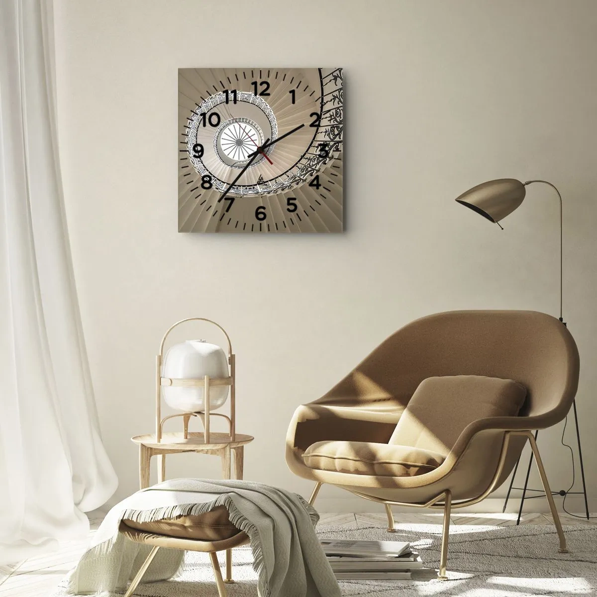 Wanduhr - Glasuhr - Wendeltreppe in elegantem geometrischem Ansatz - 30x30cm - Im Inneren der Muschel - Moderne Wanddekoration für Wohnzimmer und Schlafzimmer ARTTOR