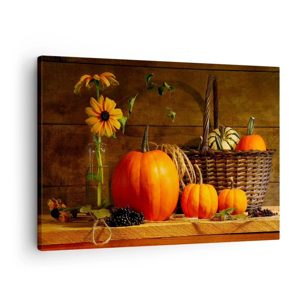 Bild auf Leinwand - Leinwandbild - Herbstkomposition mit Kürbissen und Blumen auf Holzhintergrund - 70x50cm - Eine rustikale Komposition - Geschenke des Herbstes - Moderne Wanddekoration für Wohnzimmer und Schlafzimmer ARTTOR
