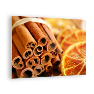 Glasbild - Bild auf glas - Nahaufnahme von Zimtstangen und getrockneten Orangenscheiben - 70x50cm - Kannst du ihr Aroma riechen? - Moderne Wanddekoration für Wohnzimmer und Schlafzimmer ARTTOR