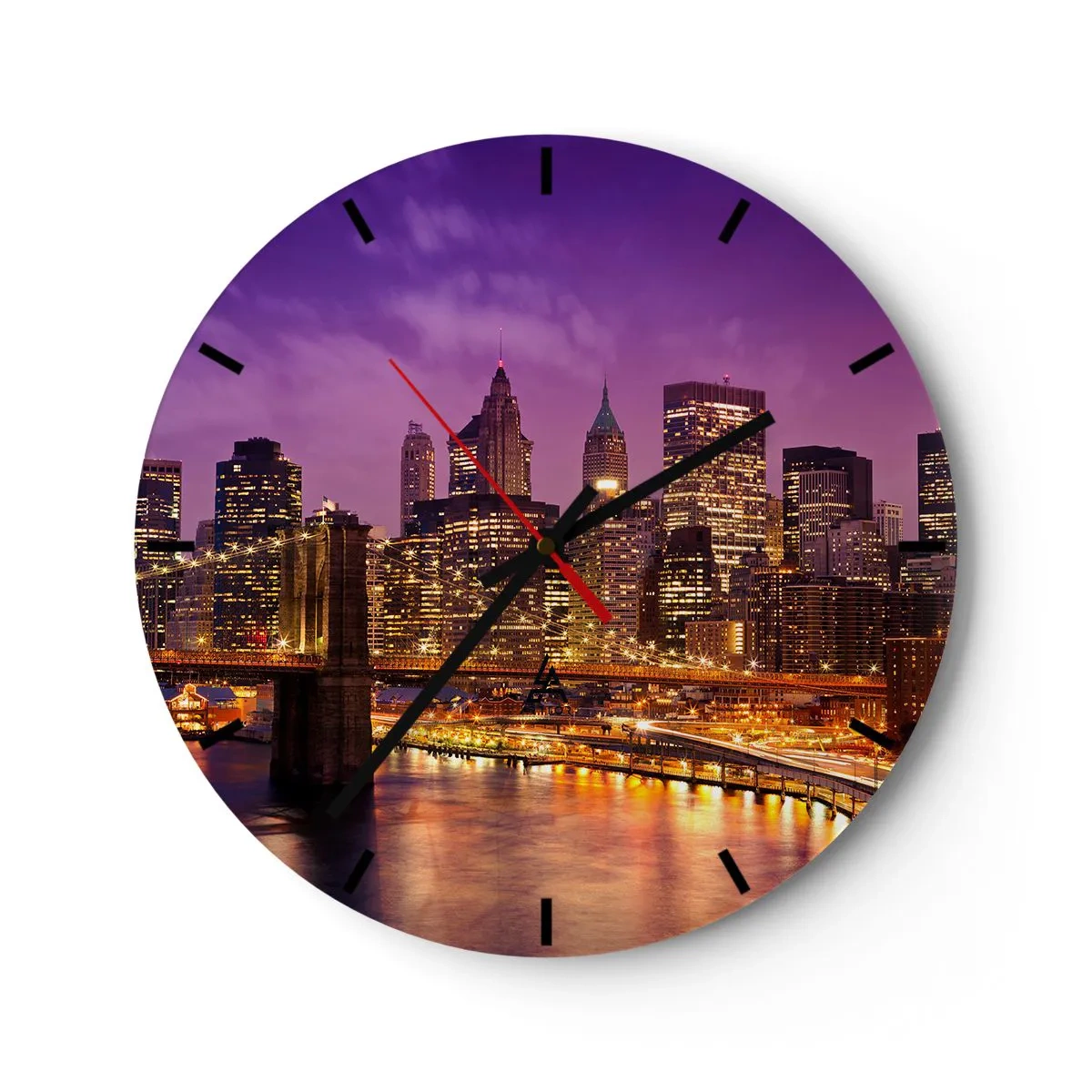 Wanduhr - Glasuhr - Panorama der Stadt mit der Brücke und Beleuchtung in der Abendlandschaft - 30x30cm - Violett-goldenes Manhathann - Moderne Wanddekoration für Wohnzimmer, Küche und Schlafzimmer ARTTOR