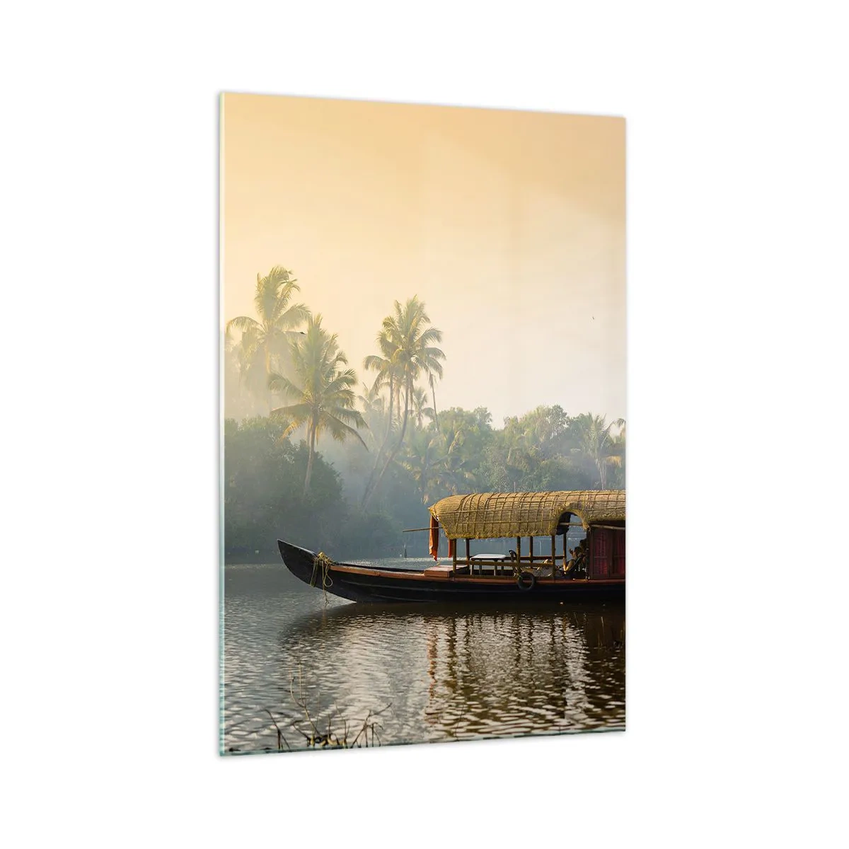 Glasbild - Bild auf glas - Ein traditionelles Boot auf einem ruhigen Fluss zwischen Palmen - 70x100cm - Haus am Fluss - Moderne Wanddekoration für Wohnzimmer und Schlafzimmer ARTTOR