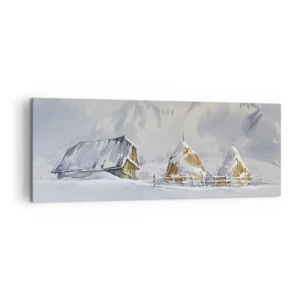Bild auf Leinwand - Leinwandbild - Winterlandschaft mit Hütte und Heuhaufen in den Bergen - 140x50cm - In einem verschneiten Talkessel - Moderne Wanddekoration für Wohnzimmer und Schlafzimmer ARTTOR