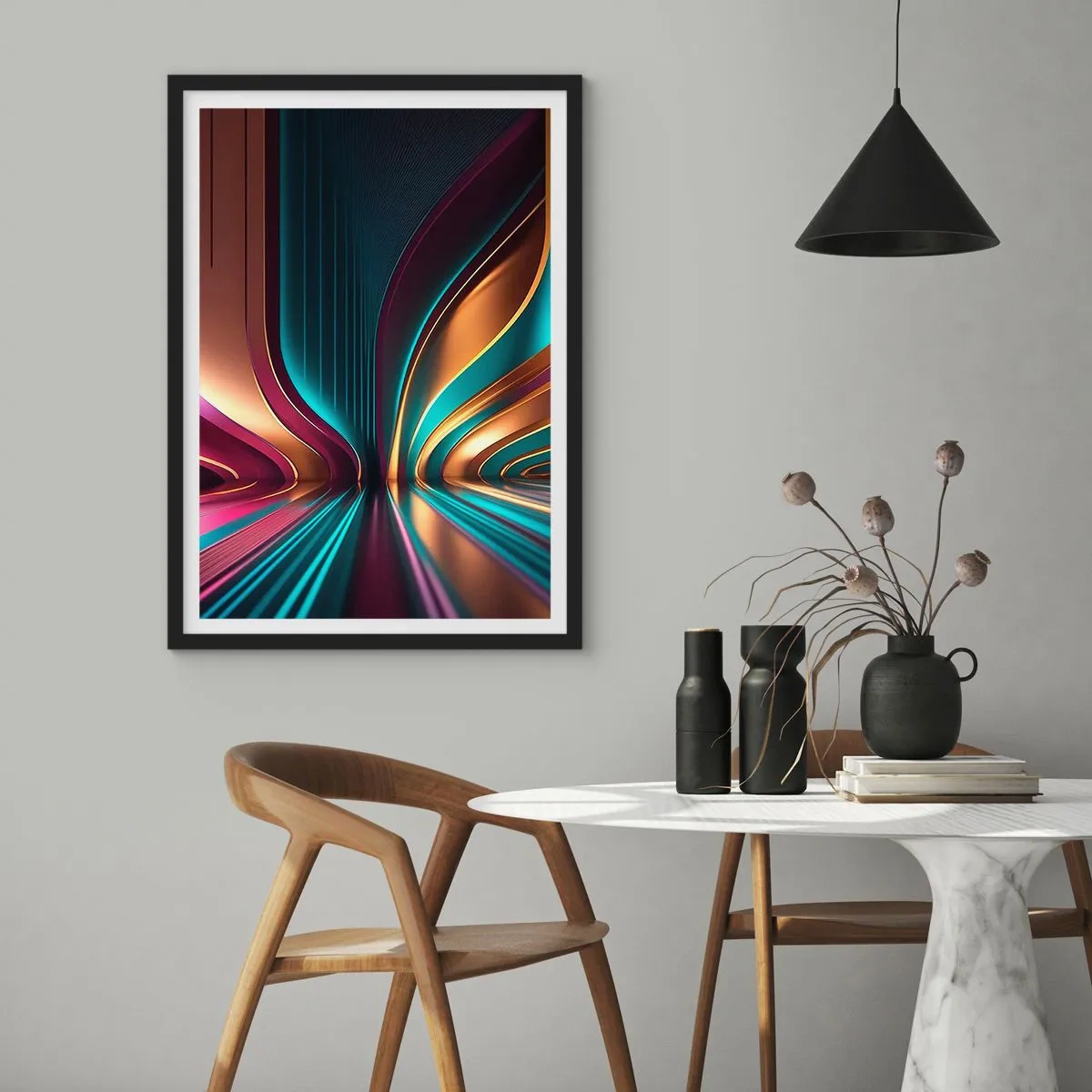 Poster in einem schwarzem Rahmen - Futuristische Abstraktion in Gold- und Türkisfarben - 50x70cm - Architektur des Lichts - Moderne Wanddekoration für Wohnzimmer und Schlafzimmer ARTTOR