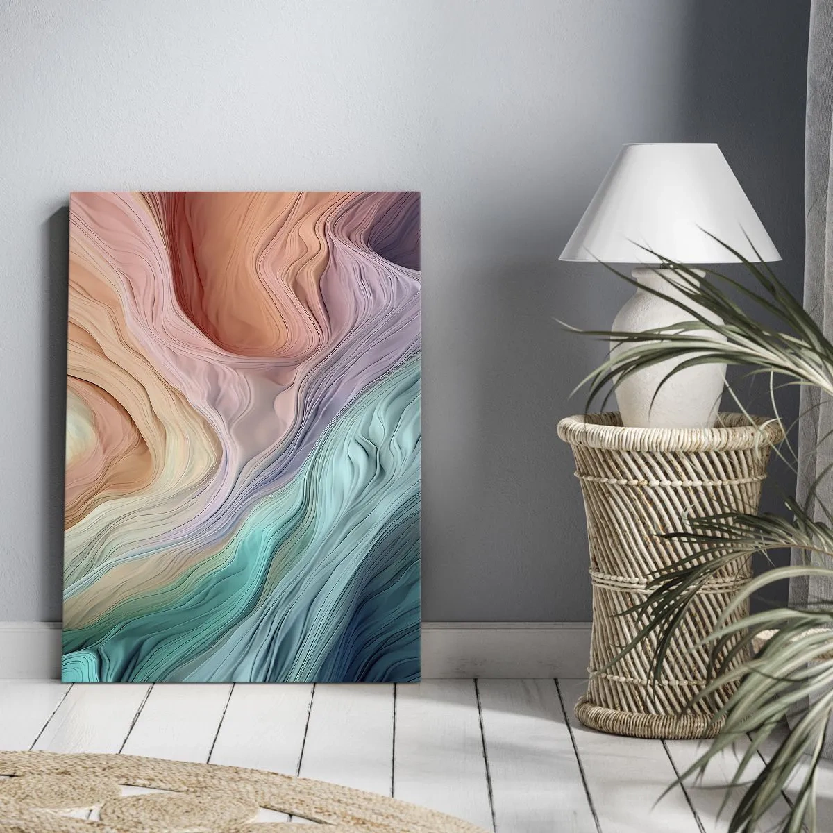 Bild auf Leinwand - Leinwandbild - Abstrakte Wellen in Pastell- und Regenbogenfarben - 50x70cm - Regenbogenwelle - Moderne Wanddekoration für Wohnzimmer und Schlafzimmer ARTTOR