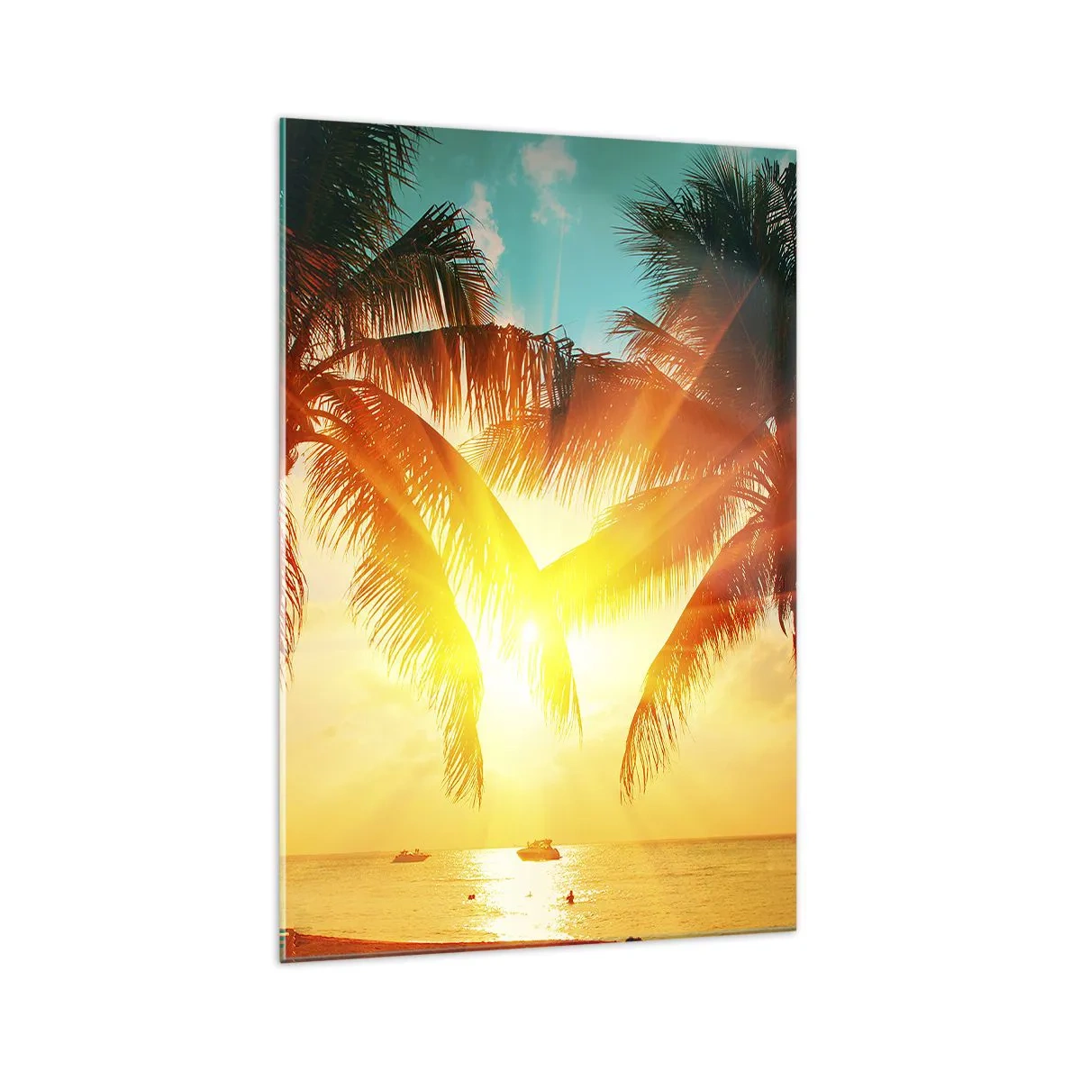 Glasbild - Bild auf glas - Palmen, beleuchtet vom warmen Licht der untergehenden Sonne - 70x100cm - Exotisches Paar - Moderne Wanddekoration für Wohnzimmer und Schlafzimmer ARTTOR