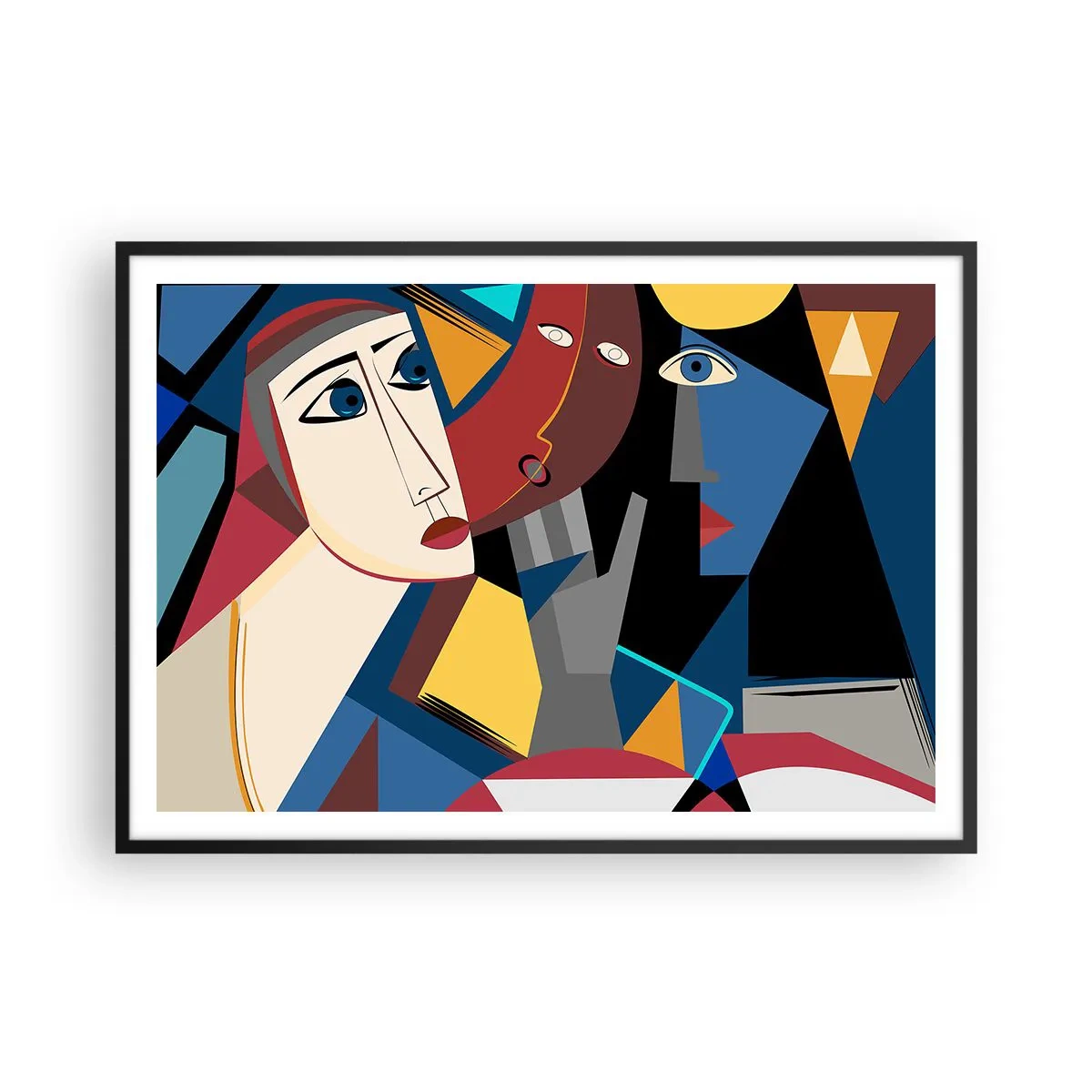 Poster in einem schwarzem Rahmen - Kubistische Gesichter in intensiven Farben - 100x70cm - Gespräch zwischen Kubisten - Moderne Wanddekoration für Wohnzimmer und Schlafzimmer ARTTOR
