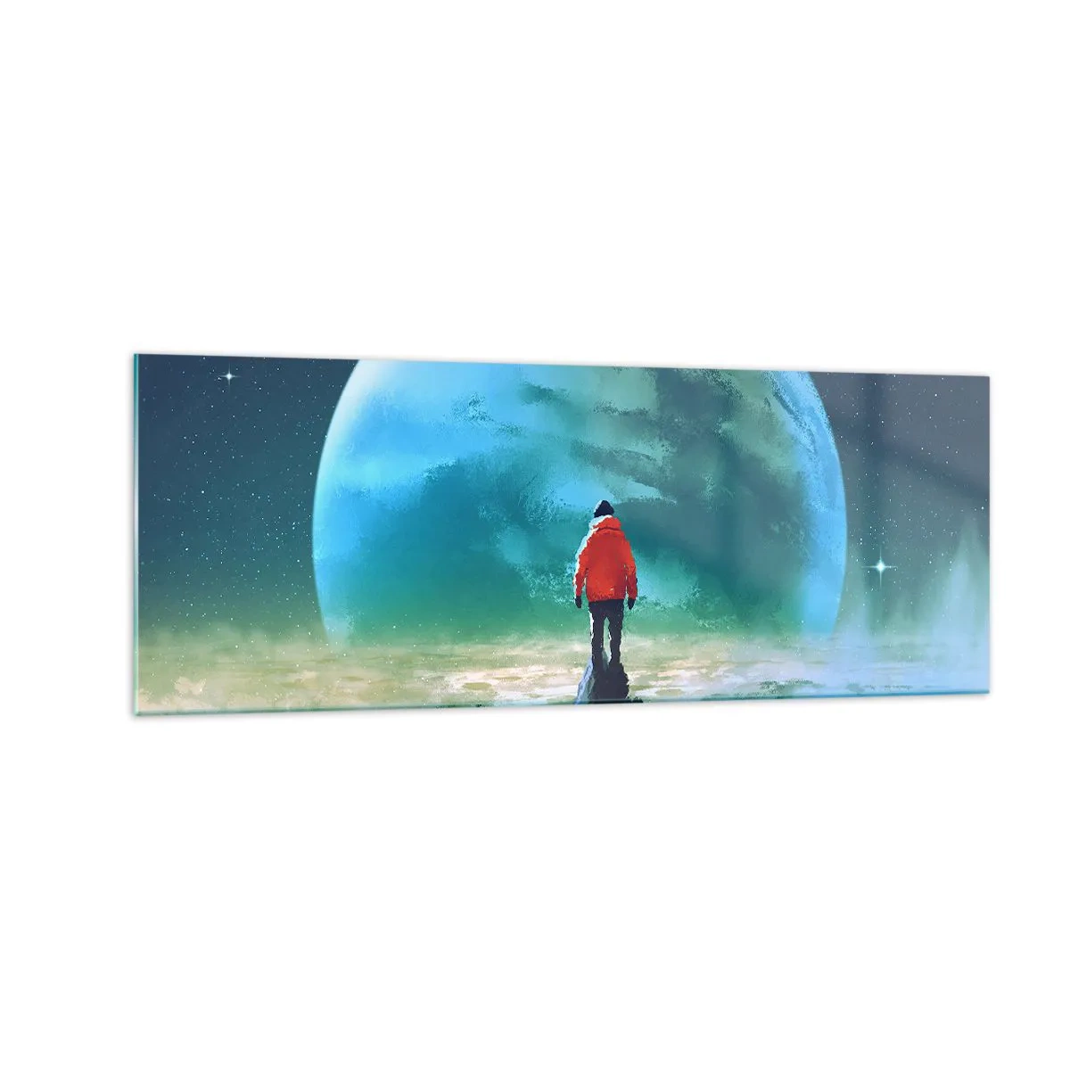 Glasbild - Bild auf glas - Ein Mann in einer roten Jacke steht vor einem großen Planeten mit Sternen im Hintergrund. - 140x50cm - Entdecker des neuen Landes - Moderne Wanddekoration für Wohnzimmer und Schlafzimmer ARTTOR
