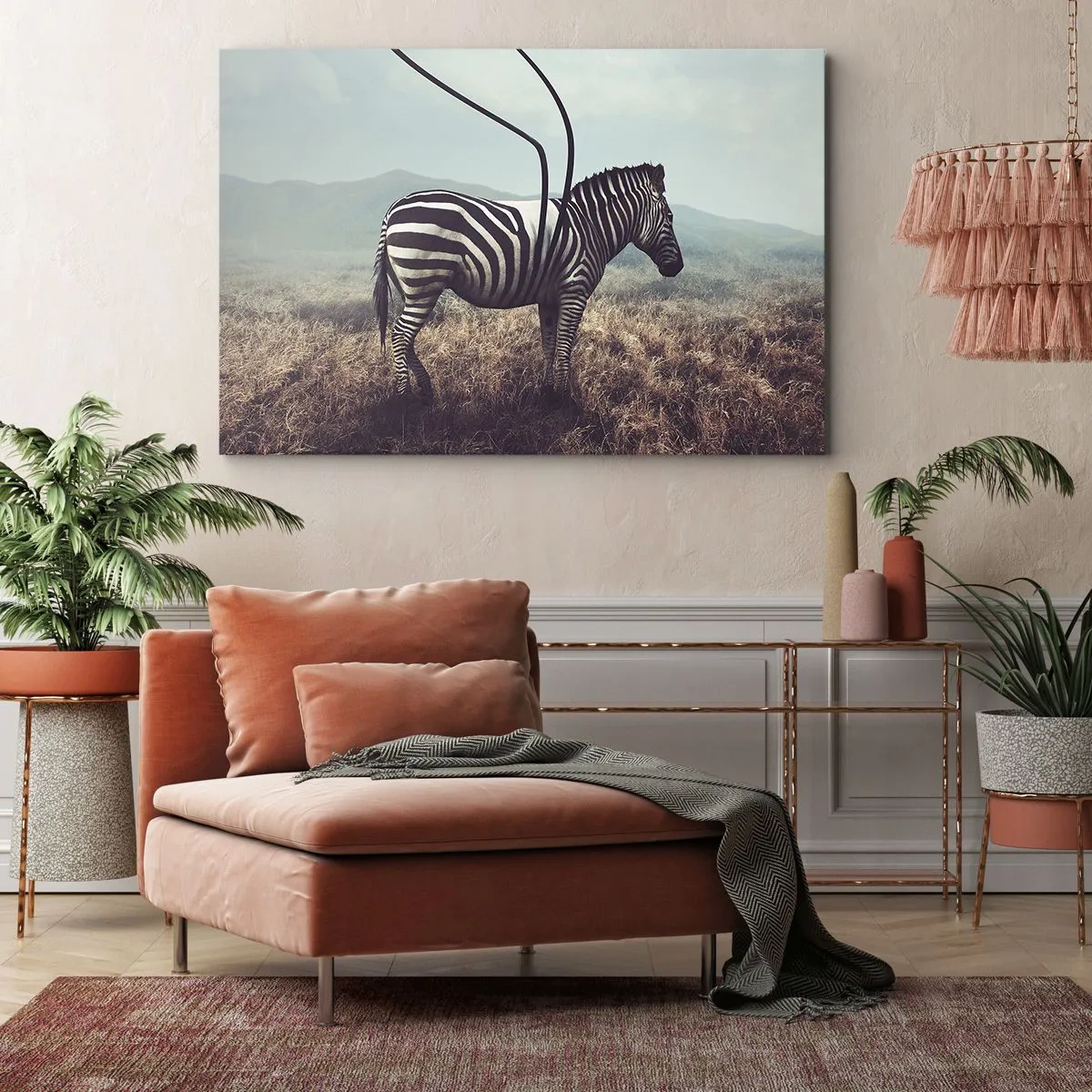 Bild auf Leinwand - Leinwandbild - Ein surreales Zebra vor einer grasbewachsenen Landschaft - 100x70cm - Achtung! Fehler - Moderne Wanddekoration für Wohnzimmer und Schlafzimmer ARTTOR