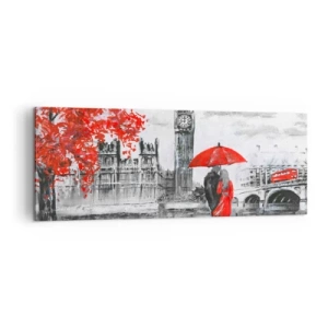 Bild auf Leinwand - Leinwandbild - Romantische Szene mit Big Ben und einem roten Regenschirm - 140x50cm - Verliebt in London - Moderne Wanddekoration für Wohnzimmer und Schlafzimmer ARTTOR