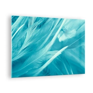 Glasbild - Bild auf glas - Türkisfarbene Federn in zarter Nahaufnahme - 70x50cm - In Pulver ertrinken - Moderne Wanddekoration für Wohnzimmer und Schlafzimmer ARTTOR