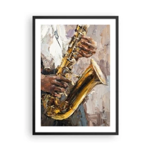 Poster in einem schwarzem Rahmen - Ein Saxophonist, der im Stil einer künstlerischen Malerei spielt - 50x70cm - Zeit fürs Solo - Moderne Wanddekoration für Wohnzimmer und Schlafzimmer ARTTOR
