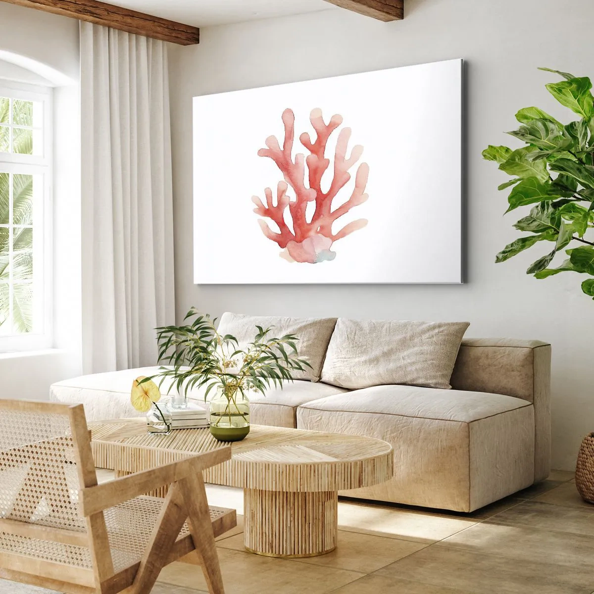 Bild auf Leinwand - Leinwandbild - Eine subtile Darstellung von Korallen in Pastelltönen - 70x50cm - Korallenfarbene Koralle - Moderne Wanddekoration für Wohnzimmer und Schlafzimmer ARTTOR