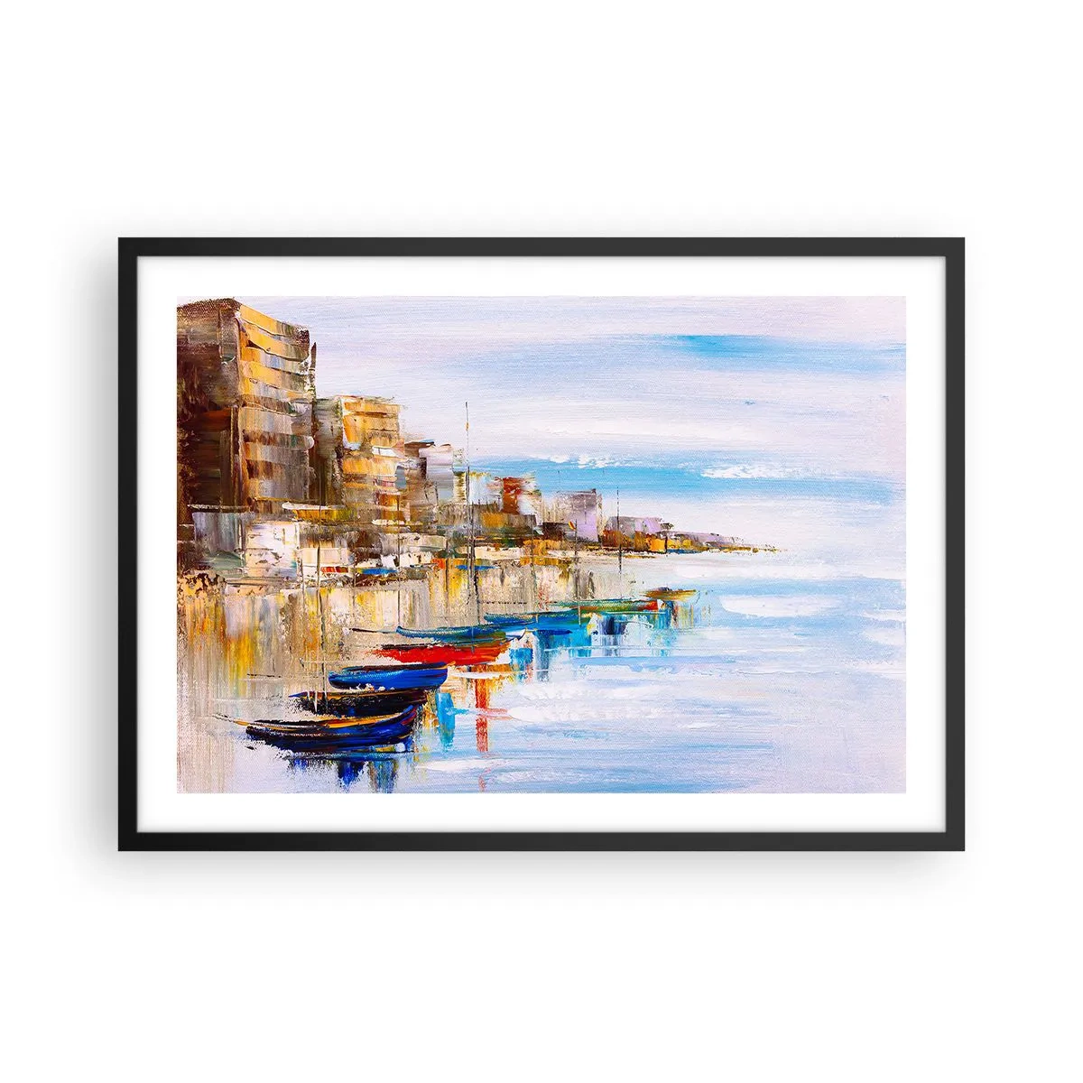 Poster in einem schwarzem Rahmen - Bunte Boote am Ufer mit Blick auf die Skyline der Stadt - 70x50cm - Bunte urbane Oase - Moderne Wanddekoration für Wohnzimmer und Schlafzimmer ARTTOR