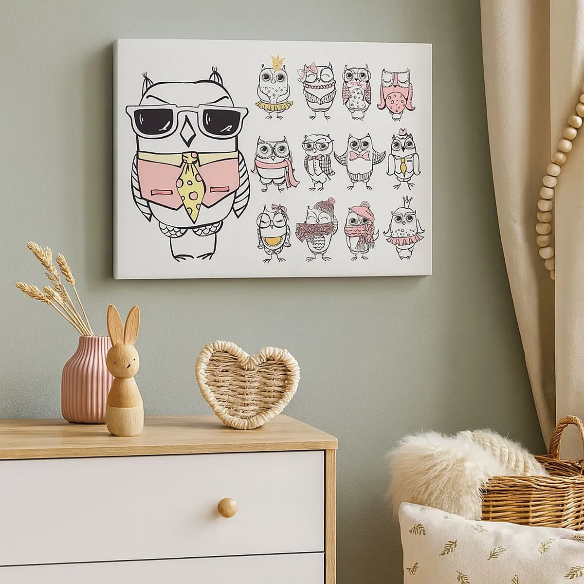 Bild auf Leinwand - Leinwandbild - Eulen in verschiedenen Stilen und Kleidern - 70x50cm - So viele Rollen zu spielen - Moderne Wanddekoration für Wohnzimmer und Schlafzimmer ARTTOR