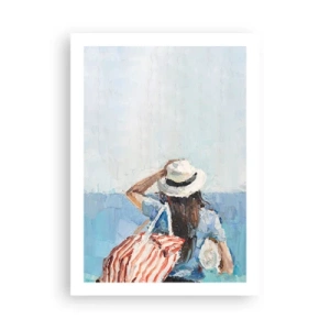 Poster - Eine Frau mit Hut blickt aufs Meer - 50x70cm - Willkommen in den Sommerferien - Moderne Wanddekoration für Wohnzimmer und Schlafzimmer ARTTOR