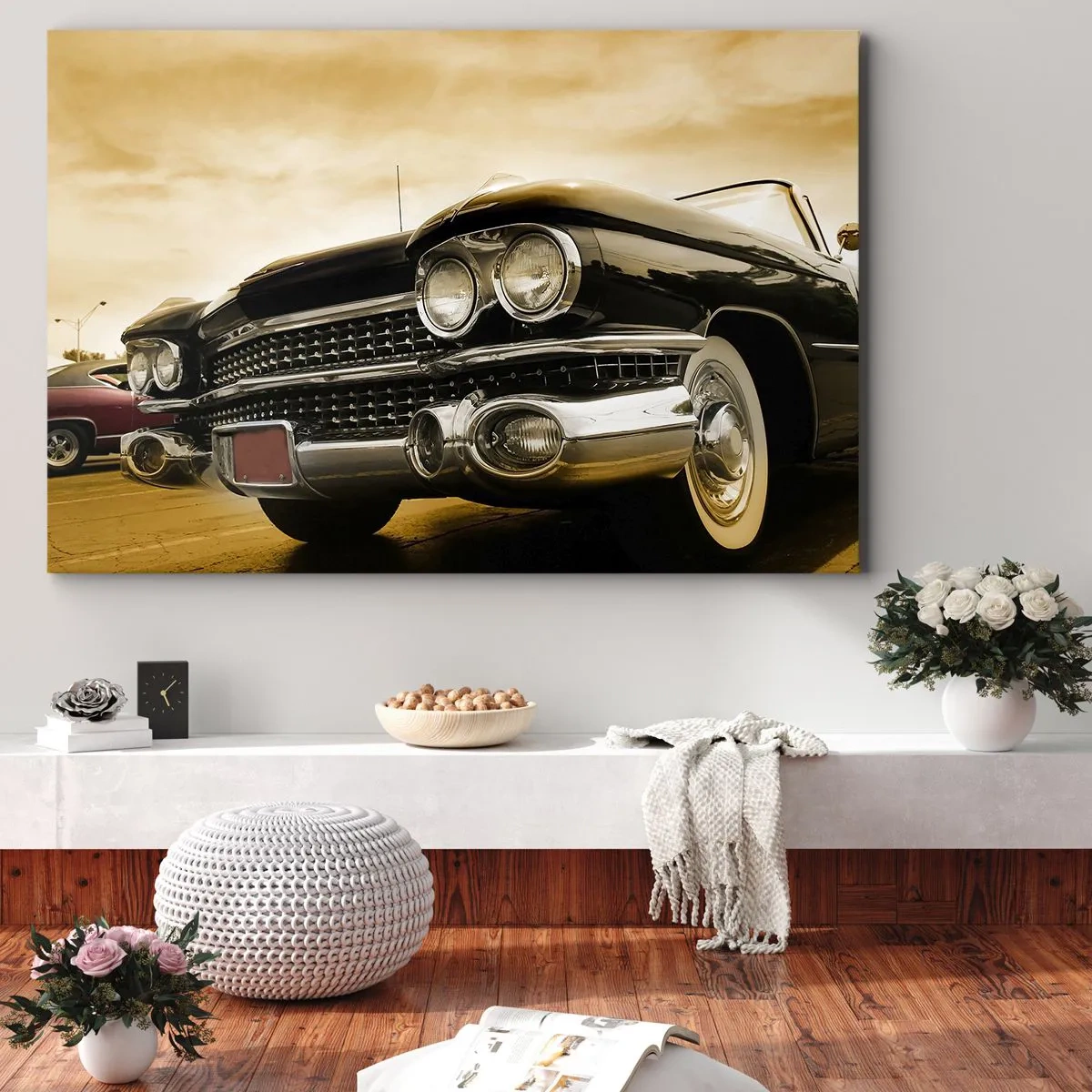 Bild auf Leinwand - Leinwandbild - Ein Oldtimer im Retro-Look und mit Chromdetails. - 120x80cm - Klassiker vergehen nie - Moderne Wanddekoration für Wohnzimmer und Schlafzimmer ARTTOR