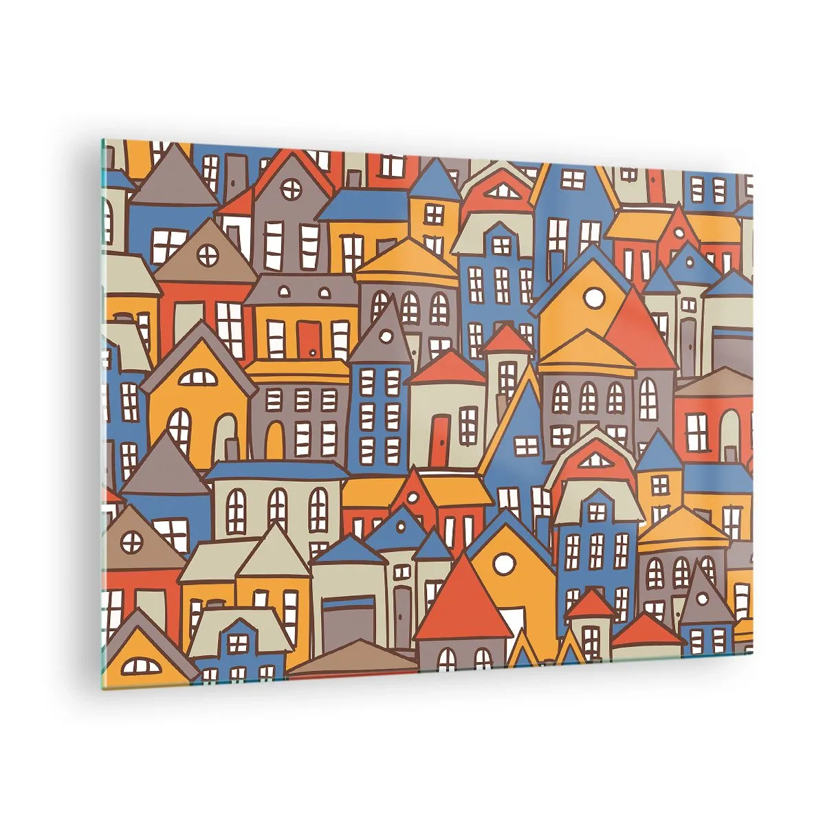 Glasbild - Bild auf glas - Bunte Häuser im grafischen Stil schaffen eine fröhliche Landschaft - 70x50cm - Hinter dem Haus ist das Haus - Moderne Wanddekoration für Wohnzimmer und Schlafzimmer ARTTOR