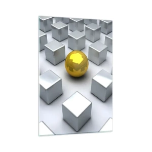 Glasbild - Bild auf glas - Eine goldene Kugel, die zwischen den silbernen Würfeln hervorsticht - 80x120cm - Warum ich? Geometrische Zusammensetzung - Moderne Wanddekoration für Wohnzimmer und Schlafzimmer ARTTOR