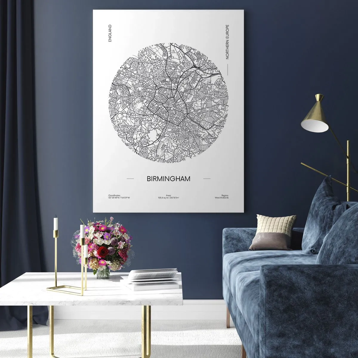 Glasbild - Bild auf glas - Schwarz-weiße Karte von Birmingham im modernen Grafikstil - 50x70cm - Anatomie von Birmingham - Moderne Wanddekoration für Wohnzimmer und Schlafzimmer ARTTOR