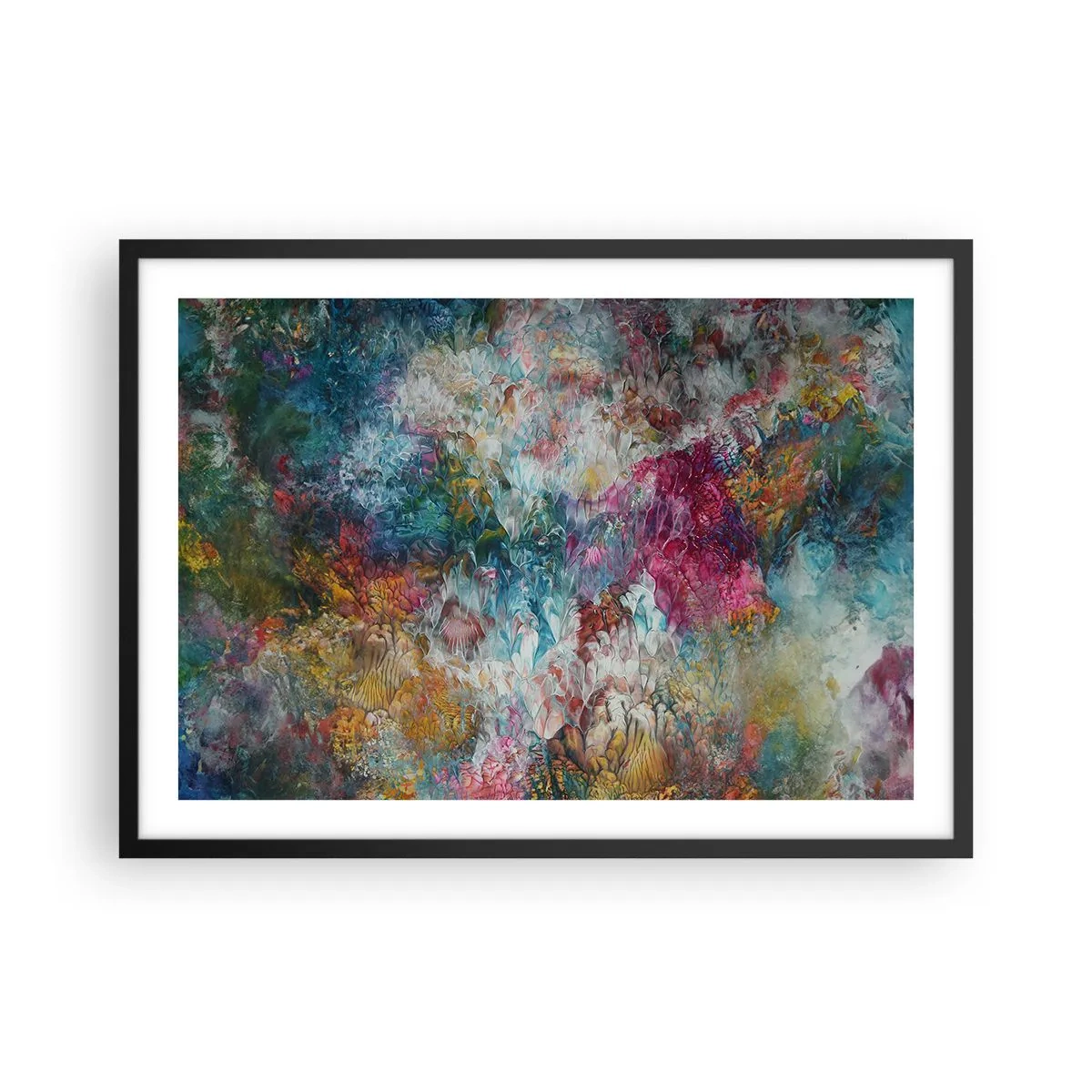 Poster in einem schwarzem Rahmen - Eine farbenfrohe Abstraktion, die an blühende Blumen erinnert - 70x50cm - In voller Blüte - Moderne Wanddekoration für Wohnzimmer und Schlafzimmer ARTTOR