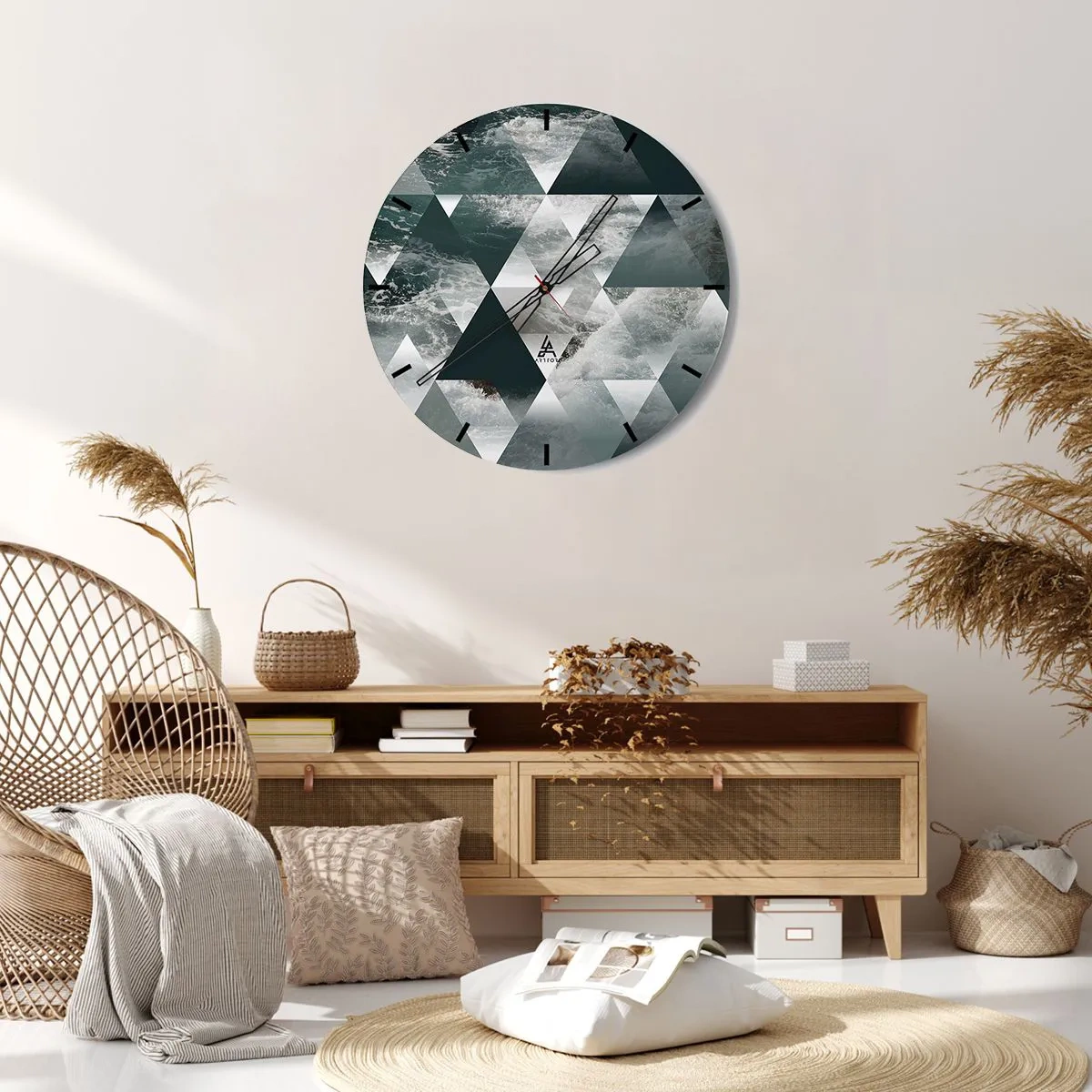Wanduhr - Glasuhr - Geometrische Dreiecke mit stürmischem Ozeanmotiv - 30x30cm - Kristallperspektive - Moderne Wanddekoration für Wohnzimmer, Küche und Schlafzimmer ARTTOR