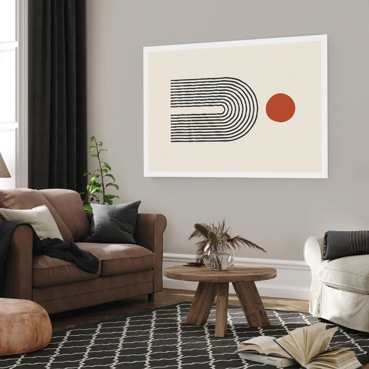 Poster - Modernes abstraktes Muster mit Linien und einem roten Kreis - 100x70cm - Magnetismus von Formen und Farben - Moderne Wanddekoration für Wohnzimmer und Schlafzimmer ARTTOR