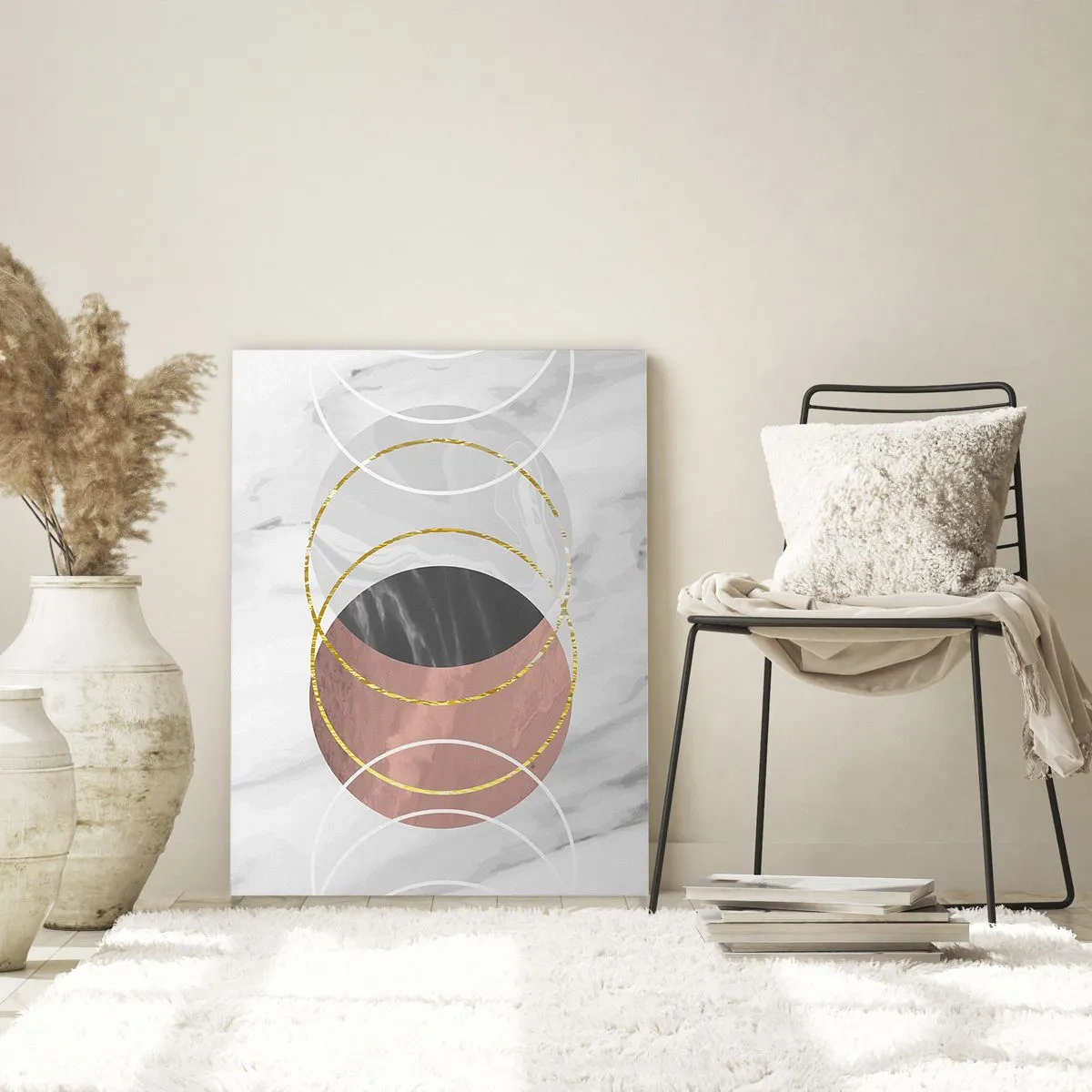 Glasbild - Bild auf glas - Abstrakte geometrische Komposition mit Kreisen und metallischen Details - 70x100cm - Musik der Sphären - Moderne Wanddekoration für Wohnzimmer und Schlafzimmer ARTTOR