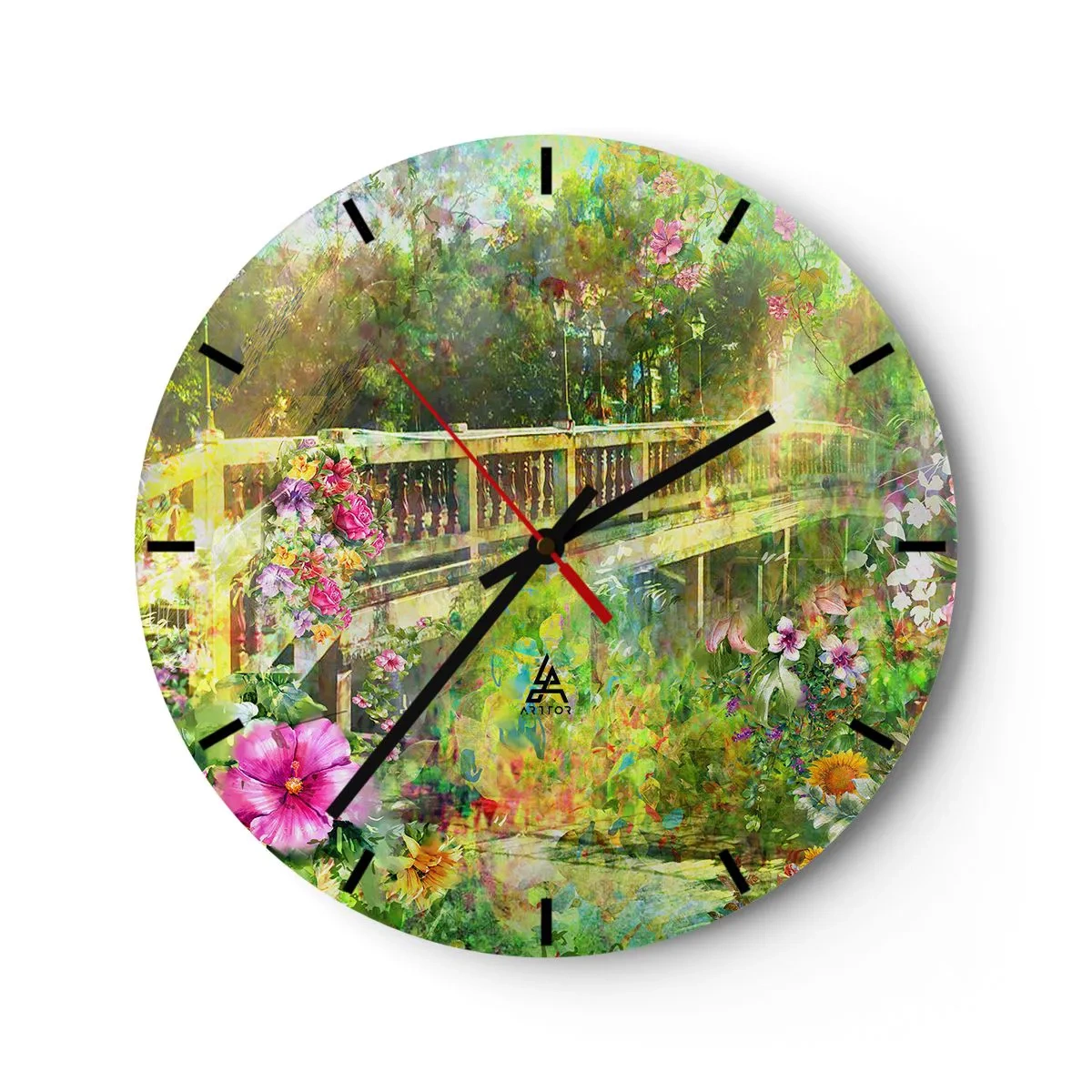 Wanduhr - Glasuhr - Eine von Blumen umgebene Brücke im Sommergarten - 30x30cm - Eine Brücke aus Frühlingsseufzern - Moderne Wanddekoration für Wohnzimmer, Küche und Schlafzimmer ARTTOR