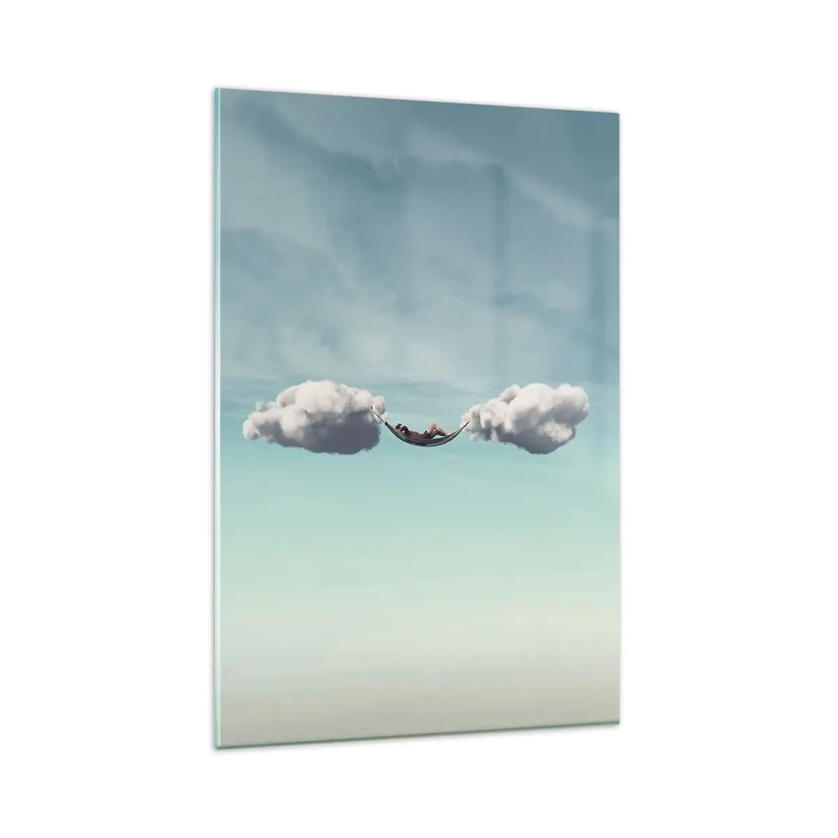 Glasbild - Bild auf glas - Eine Person entspannt in einer Hängematte in den Wolken - 80x120cm - Die Behaglichkeit des Augenblicks - Moderne Wanddekoration für Wohnzimmer und Schlafzimmer ARTTOR