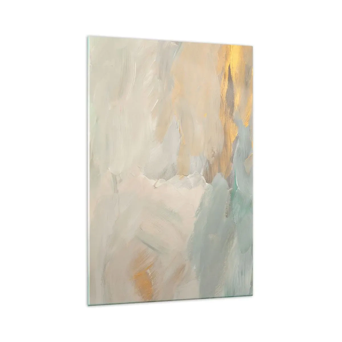 Glasbild - Bild auf glas - Zarte abstrakte Striche in Weiß- und Goldtönen - 70x100cm - Abstraktion – das Land der Sanftheit - Moderne Wanddekoration für Wohnzimmer und Schlafzimmer ARTTOR