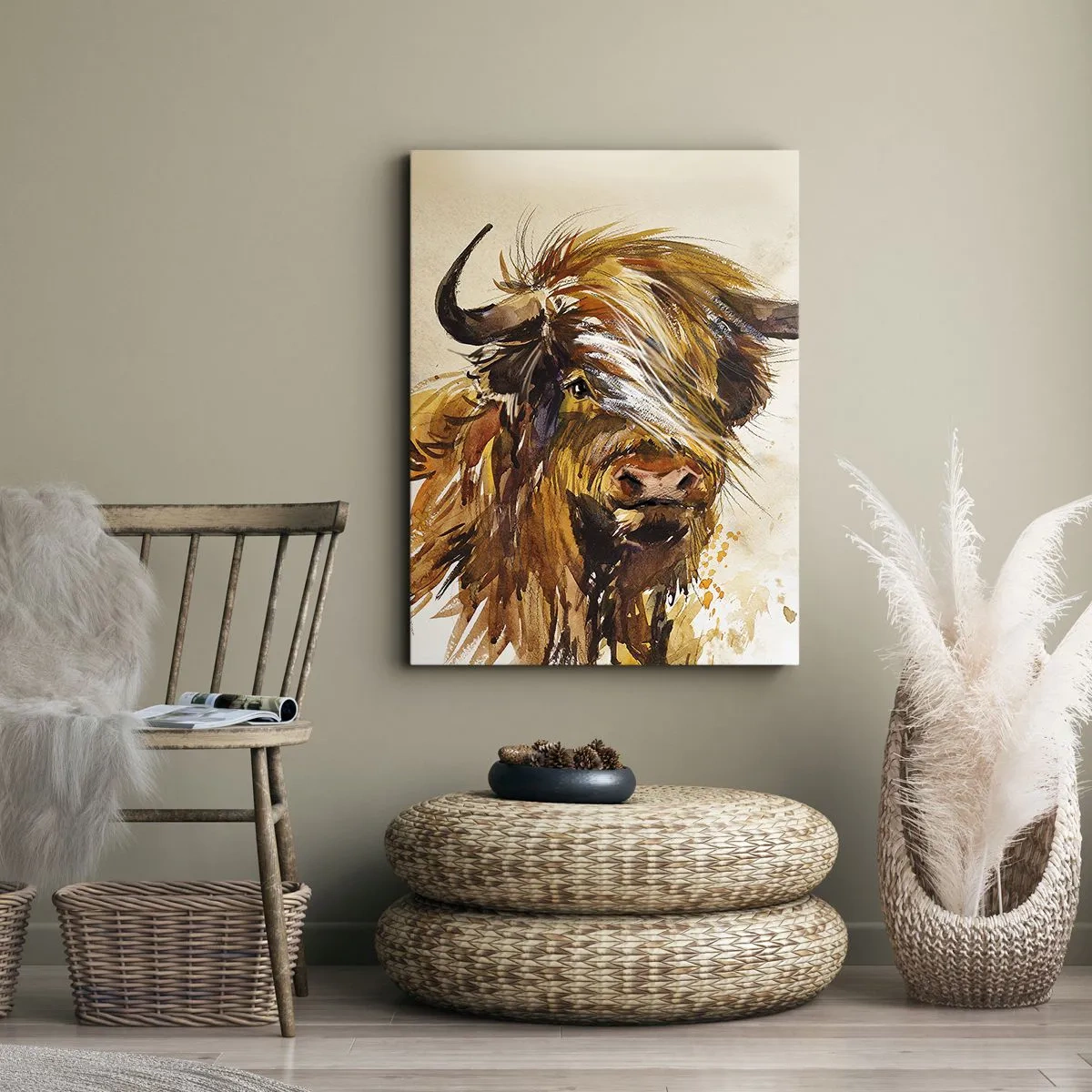 Bild auf Leinwand - Leinwandbild - Porträt eines Stiers im künstlerischen Aquarellstil - 50x70cm - Stolz des Jägers - Moderne Wanddekoration für Wohnzimmer und Schlafzimmer ARTTOR