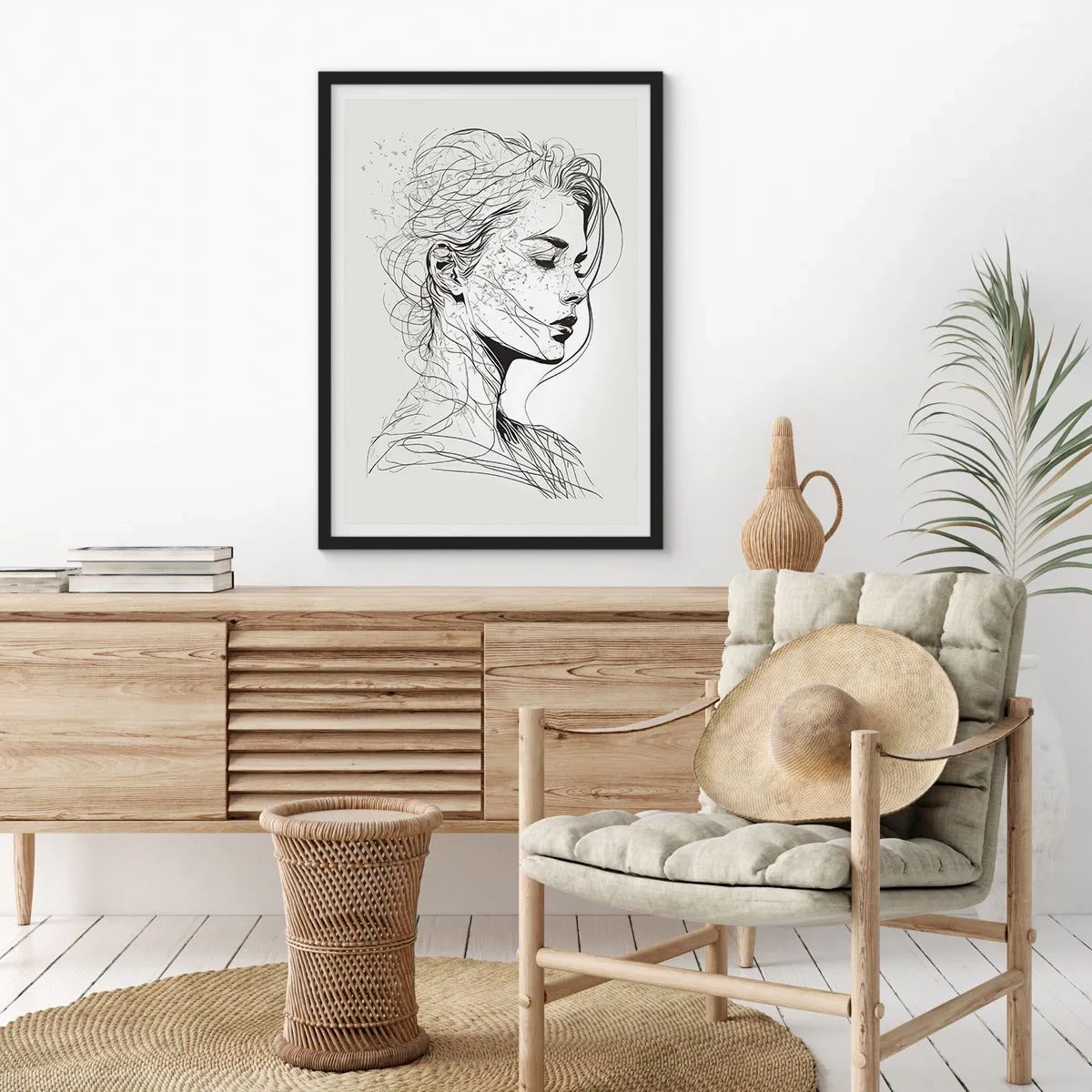 Poster in einem schwarzem Rahmen - Eine Skizze einer Frau mit wallendem Haar, erstellt im minimalistischen Stil. - 50x70cm - Porträt im Gedanken - Moderne Wanddekoration für Wohnzimmer und Schlafzimmer ARTTOR