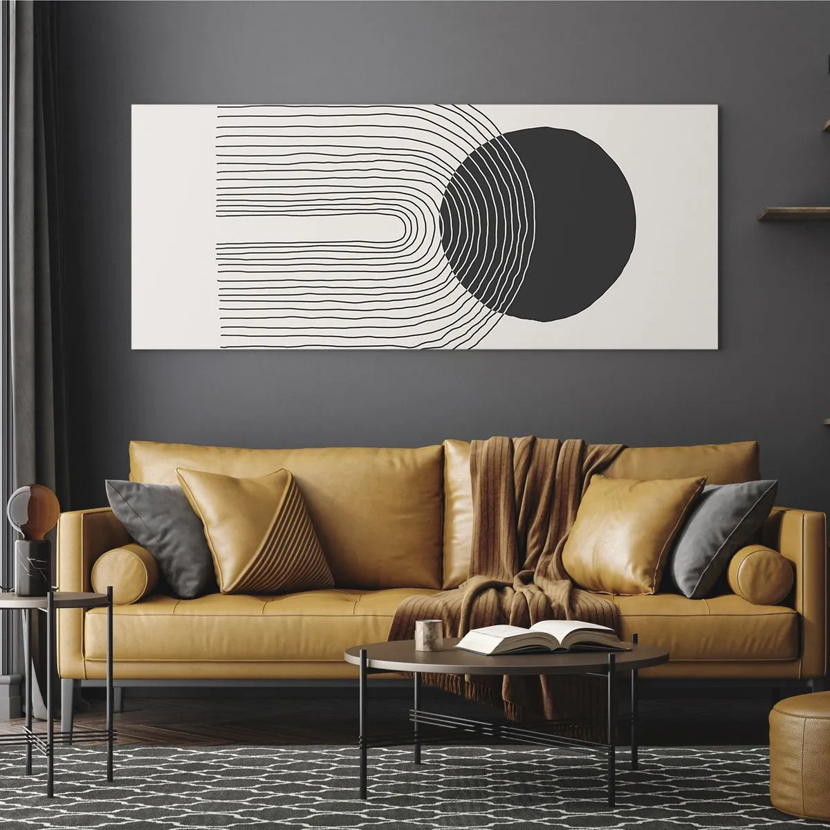 Glasbild - Bild auf glas - Abstraktes Muster mit Linien und einem schwarzen Kreis auf hellem Hintergrund - 120x50cm - Zittern und Vertrauen - Moderne Wanddekoration für Wohnzimmer und Schlafzimmer ARTTOR